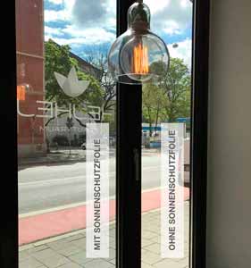 Transparente Sonnenschutzfolie / Hitzeschutzfolie für Beautyraum in München - Sicht von der Innenseite