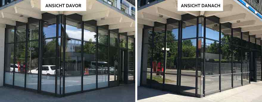 Neutrale, leicht spiegelnde Sonnenschutzfolie / Hitzeschutzfolie in München - Sicht auf die gesamte Glasfläche