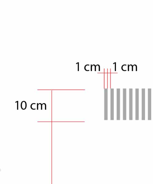 Durchlaufschutz. Freistehende Streifen. 10 mm breit, 100 mm hoch, 10 mm Abstand