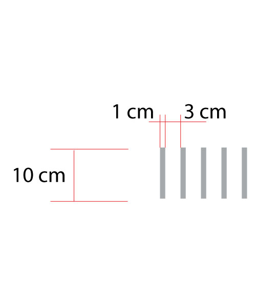 Durchlaufschutz. Freistehende Streifen. 10 mm breit, 100 mm hoch, 30 mm Abstand